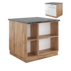 Kücheninsel "Fame-Line" Weiß Hochglanz/Goldkraft Eiche 90 Cm Mit Schublade, Ohne Arbeitsplatte Vicco