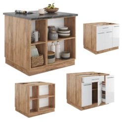 Kücheninsel "Fame-Line" Weiß Hochglanz/Goldkraft Eiche 90 Cm Mit Schublade, Ohne Arbeitsplatte Vicco -Vicco 20230301 m5078 07 ol