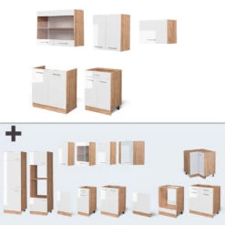 Küchenzeile "R-Line" Weiß Hochglanz/Goldkraft Eiche 200 Cm Ohne Arbeitsplatte Vicco -Vicco 20230501 m4551 06 ol