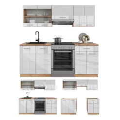 Küchenzeile "R-Line" Weiß Hochglanz/Goldkraft Eiche 200 Cm Ohne Arbeitsplatte Vicco -Vicco 20230501 m4551 07 ol