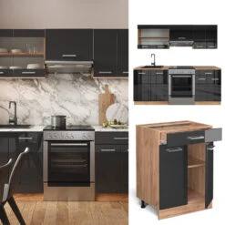 Küchenzeile "R-Line" Anthrazit Hochglanz/Goldkraft Eiche 200 Cm Ohne Arbeitsplatte Vicco -Vicco 20230501 m4552 02 ol