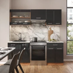 Küchenzeile "R-Line" Anthrazit Hochglanz/Goldkraft Eiche 200 Cm Ohne Arbeitsplatte Vicco -Vicco 20230501 m4552 04 ol