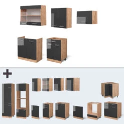 Küchenzeile "R-Line" Anthrazit Hochglanz/Goldkraft Eiche 200 Cm Ohne Arbeitsplatte Vicco -Vicco 20230501 m4552 06 ol