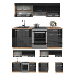 Küchenzeile "R-Line" Anthrazit Hochglanz/Goldkraft Eiche 200 Cm Ohne Arbeitsplatte Vicco -Vicco 20230501 m4552 07 ol