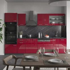 Küchenzeile "R-Line" Bordeaux Hochglanz/Anthrazit 300 Cm Mit Hochschrank, Ohne Arbeitsplatte Vicco -Vicco 20231124 m3626 04 ol