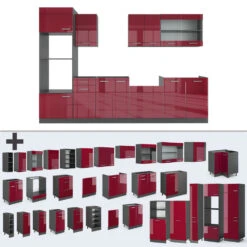 Küchenzeile "R-Line" Bordeaux Hochglanz/Anthrazit 300 Cm Mit Hochschrank, Ohne Arbeitsplatte Vicco -Vicco 20231124 m3626 06 ol