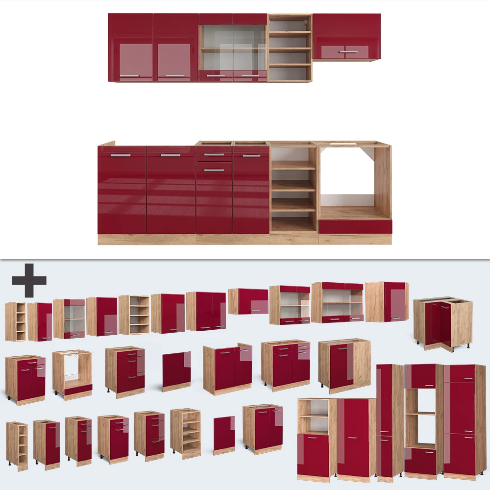 Küchenzeile "R-Line", Bordeaux Hochglanz/Goldkraft Eiche, 240 Cm Ohne Arbeitsplatte, Vicco 8 Küchenzeile "R-Line", Bordeaux Hochglanz/Goldkraft Eiche, 240 Cm Ohne Arbeitsplatte, Vicco – Bild 6