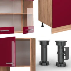 Küchenzeile "R-Line" Bordeaux Hochglanz/Eiche Gold 300 Cm Mit Hochschrank, Ohne Arbeitsplatte Vicco -Vicco 20231124 m6272 05 ol