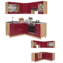 Eckküche "Fame-Line" Bordeaux Hochglanz/Eiche Gold 160 X 190 Cm Ohne Arbeitsplatte Vicco -Vicco 20233301 m4621 07 ol