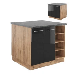 Kücheninsel "Fame-Line" Anthrazit Hochglanz/Goldkraft Eiche 90 Cm Ohne Arbeitsplatte Vicco