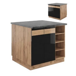 Kücheninsel "Fame-Line" Schwarz-Eiche Hochglanz/Goldkraft Eiche 90 Cm Ohne Arbeitsplatte Vicco