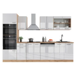 Küchenzeile "R-Line" Weiß Hochglanz/Goldkraft Eiche 300 Cm Mit Hochschrank, Ohne Arbeitsplatte Vicco -Vicco 20235801 m4543 07 ol