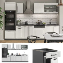Küchenzeile "R-Line" Weiß Landhaus/Anthrazit 300 Cm Mit Hochschrank, Ohne Arbeitsplatte Vicco -Vicco 20240125 m4245 02 ol