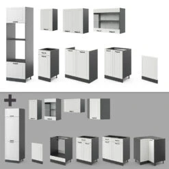 Küchenzeile "R-Line" Weiß Landhaus/Anthrazit 300 Cm Mit Hochschrank, Ohne Arbeitsplatte Vicco -Vicco 20240125 m4245 06 ol