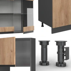 Küchenzeile "R-Line" Goldkraft Eiche/Anthrazit 300 Cm J-Shape, Mit Hochschrank, Ohne Arbeitsplatte Vicco -Vicco 20240125 m5302 05 ol