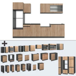 Küchenzeile "R-Line" Goldkraft Eiche/Anthrazit 300 Cm J-Shape, Mit Hochschrank, Ohne Arbeitsplatte Vicco -Vicco 20240125 m5302 06 ol