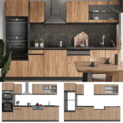 Küchenzeile "R-Line" Goldkraft Eiche/Anthrazit 300 Cm J-Shape, Mit Hochschrank, Ohne Arbeitsplatte Vicco -Vicco 20240125 m5302 08 ol