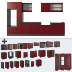 Küchenzeile "R-Line" Rot/Anthrazit 350 Cm J-Shape, Mit Hochschrank, Ohne Arbeitsplatte Vicco -Vicco 20240125 m5315 06 ol