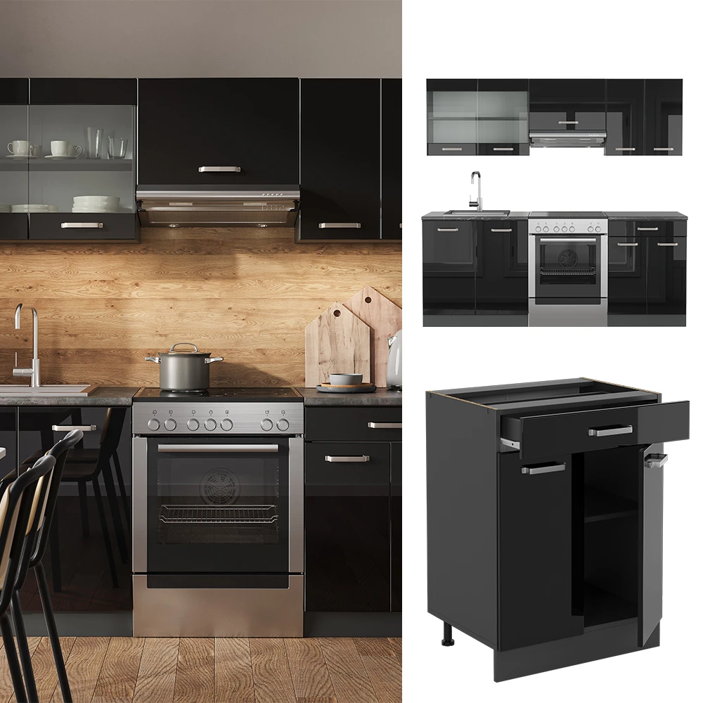 Vicco Küchenzeile "R-Line", Schwarz Hochglanz/Anthrazit, 200 Cm Ohne Arbeitsplatte 4 Vicco Küchenzeile "R-Line", Schwarz Hochglanz/Anthrazit, 200 Cm Ohne Arbeitsplatte – Bild 2