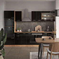 Vicco Küchenzeile "R-Line", Schwarz Hochglanz/Goldkraft Eiche, 300 Cm Mit Hochschrank, Ohne Arbeitsplatte -Vicco 20240125 m6099 04 ol