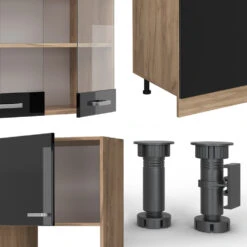 Vicco Küchenzeile "R-Line", Schwarz Hochglanz/Goldkraft Eiche, 300 Cm Mit Hochschrank, Ohne Arbeitsplatte -Vicco 20240125 m6099 05 ol