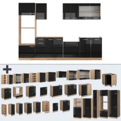 Vicco Küchenzeile "R-Line", Schwarz Hochglanz/Goldkraft Eiche, 300 Cm Mit Hochschrank, Ohne Arbeitsplatte -Vicco 20240125 m6099 06 ol