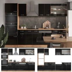 Vicco Küchenzeile "R-Line", Schwarz Hochglanz/Goldkraft Eiche, 300 Cm Mit Hochschrank, Ohne Arbeitsplatte -Vicco 20240125 m6099 08 ol