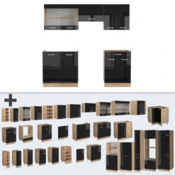 Vicco Küchenzeile "R-Line", Schwarz Hochglanz/Goldkraft Eiche, 200 Cm Ohne Arbeitsplatte -Vicco 20240125 m6101 06 ol