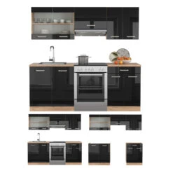 Vicco Küchenzeile "R-Line", Schwarz Hochglanz/Goldkraft Eiche, 200 Cm Ohne Arbeitsplatte -Vicco 20240125 m6101 07 ol