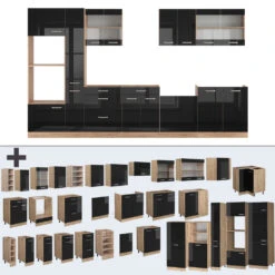 Vicco Küchenzeile "R-Line", Schwarz Hochglanz/Goldkraft Eiche, 350 Cm Mit Hochschrank, Ohne Arbeitsplatte -Vicco 20240125 m6104 06 ol