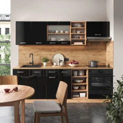 Vicco Küchenzeile "R-Line", Schwarz Hochglanz/Goldkraft Eiche, 240 Cm Ohne Arbeitsplatte -Vicco 20240125 m6105 04 ol