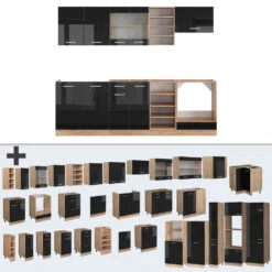 Vicco Küchenzeile "R-Line", Schwarz Hochglanz/Goldkraft Eiche, 240 Cm Ohne Arbeitsplatte -Vicco 20240125 m6105 06 ol