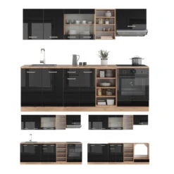 Vicco Küchenzeile "R-Line", Schwarz Hochglanz/Goldkraft Eiche, 240 Cm Ohne Arbeitsplatte -Vicco 20240125 m6105 07 ol