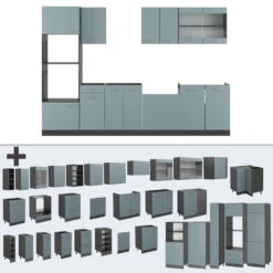 Vicco Küchenzeile "R-Line", Blau-Grau/Anthrazit, 300 Cm Mit Hochschrank, Ohne Arbeitsplatte -Vicco 20240125 m6171 06 ol