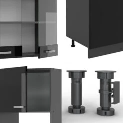 Vicco Küchenzeile "R-Line", Schwarz Hochglanz/Anthrazit, 300 Cm Mit Hochschrank, Ohne Arbeitsplatte -Vicco 20240125 m6197 05 ol