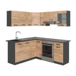 Eckküche "Rick" Anthrazit/Eiche 167 X 187 Cm Mit Arbeitsplatte Vicco