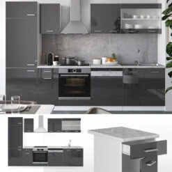 Küchenzeile "R-Line" Anthrazit Hochglanz/Weiß 300 Cm Mit Arbeitsplatte Vicco -Vicco m1893 1916 02 ol 1