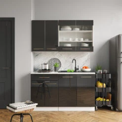 Singleküche "Fame-Line" Anthrazit Hochglanz/Weiß 140 Cm Ohne Arbeitsplatte Vicco -Vicco m2869 04 ol