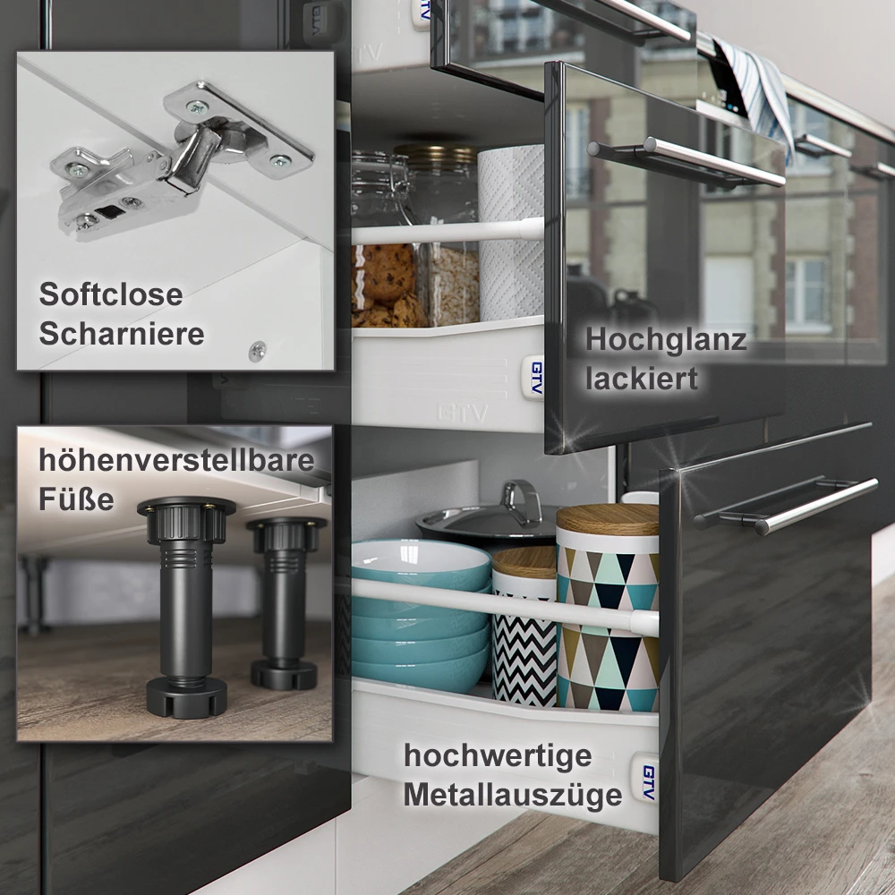 Küchenzeile "Fame-Line" 280cm Weiß/Anthrazit Hochglanz Modern Vicco 10 Küchenzeile "Fame-Line" 280cm Weiß/Anthrazit Hochglanz Modern Vicco – Bild 8