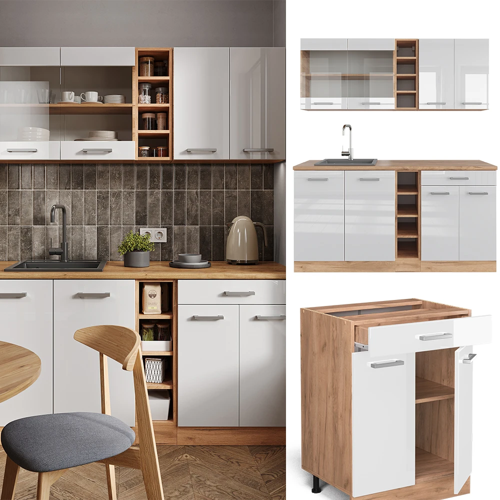 Singleküche "R-Line" Weiß Hochglanz/Goldkraft Eiche 160 Cm Ohne Arbeitsplatte Vicco 4 Singleküche "R-Line" Weiß Hochglanz/Goldkraft Eiche 160 Cm Ohne Arbeitsplatte Vicco – Bild 2