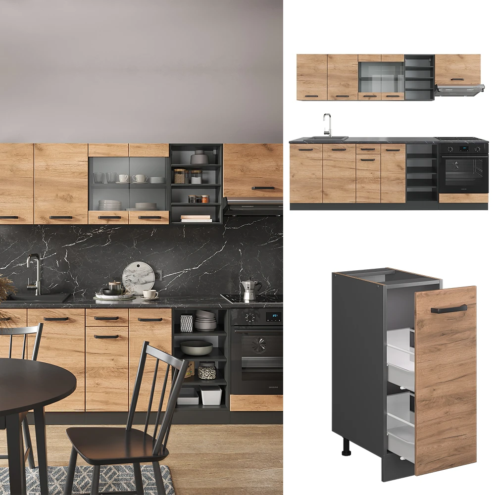 Küchenzeile "R-Line" Goldkraft Eiche/Anthrazit 240 Cm Ohne Arbeitsplatte Vicco 4 Küchenzeile "R-Line" Goldkraft Eiche/Anthrazit 240 Cm Ohne Arbeitsplatte Vicco – Bild 2