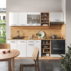 Küchenzeile "R-Line" Weiß Hochglanz/Goldkraft Eiche 240 Cm Ohne Arbeitsplatte Vicco -Vicco m4869 04 ol