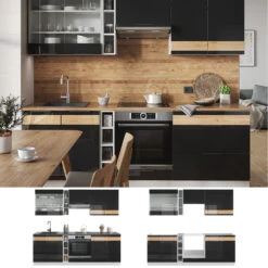 Küchenzeile "Fame-Line" 235cm Weiß/Schwarz-Eiche Hochglanz Modern Vicco -Vicco m5418 02 ol