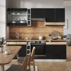 Küchenzeile "Fame-Line" 235cm Weiß/Schwarz-Eiche Hochglanz Modern Vicco -Vicco m5418 04 ol