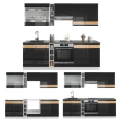 Küchenzeile "Fame-Line" 235cm Weiß/Schwarz-Eiche Hochglanz Modern Vicco -Vicco m5418 07 ol