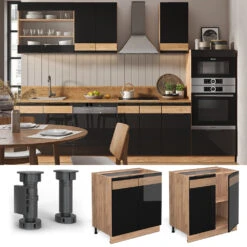 Spülenunterschrank "Fame-Line" Schwarz-Eiche Hochglanz/Goldkraft Eiche 80 Cm Mit Regal, Ohne Arbeitsplatte Vicco -Vicco mf307 dr gk s eiche 02 ol