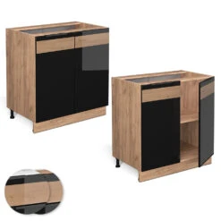 Spülenunterschrank "Fame-Line" Schwarz-Eiche Hochglanz/Goldkraft Eiche 80 Cm Mit Regal, Ohne Arbeitsplatte Vicco -Vicco mf307 dr gk s eiche 09 ol