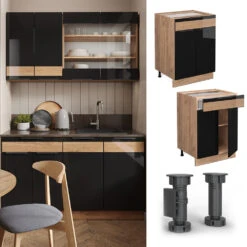 Küchenunterschrank "Fame-Line" Schwarz-Eiche Hochglanz/Goldkraft Eiche 60 Cm Mit Schublade, Ohne Arbeitsplatte Vicco -Vicco mf308 dr gk s eiche 02 ol