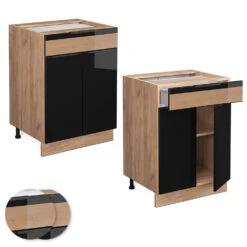 Küchenunterschrank "Fame-Line" Schwarz-Eiche Hochglanz/Goldkraft Eiche 60 Cm Mit Schublade, Ohne Arbeitsplatte Vicco -Vicco mf308 dr gk s eiche 09 ol