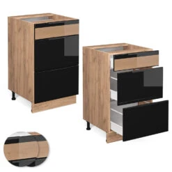 Küchenunterschrank "Fame-Line" Schwarz-Eiche Hochglanz/Goldkraft Eiche 50 Cm Ohne Arbeitsplatte Vicco -Vicco mf313 dr gk s eiche 09 ol
